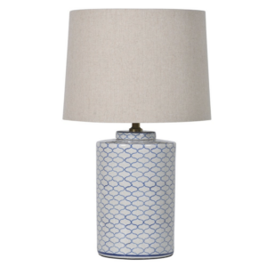 Blue and white table lamp with geometric curvy pattern and beige shade Dimensions: H:66 Dia:40 cm.