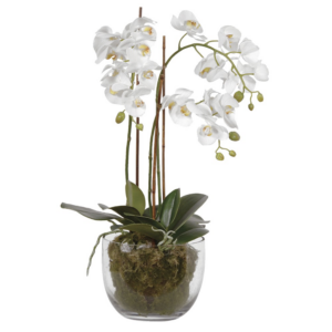Faux white orchids in glass bowl. Dimensions: H:65 W: 28 L: 28 cm.