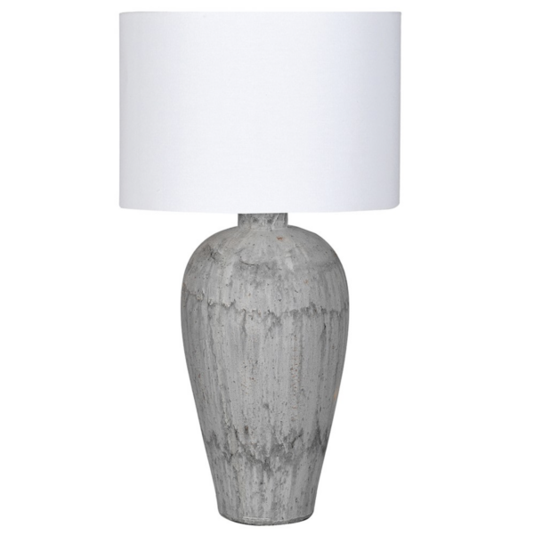 Grand Rustic Grey Table Lamp with White Shade Dimensions: H:83 Dia:46 cm.