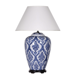 Grand blue and white table lamp with leaf garlands and white shade Dimensions: H:88 Dia:60 cm.