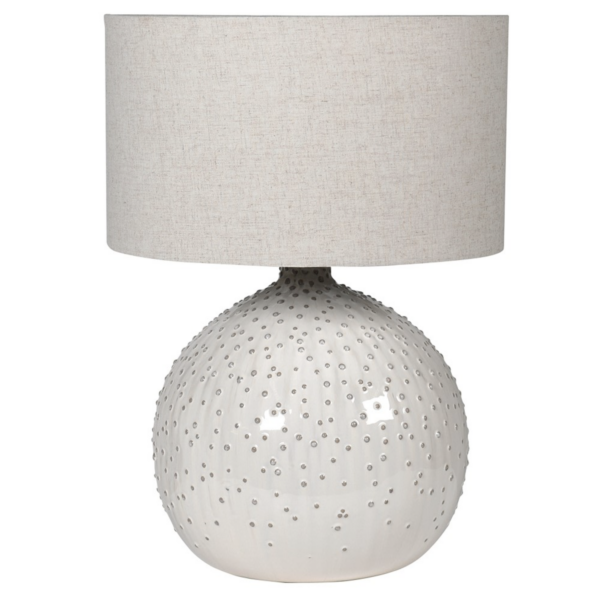 Off-white round urchin table lamp with light beige linen shade Dimensions: H:62 Dia:45 cm.
