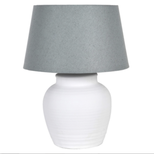 White chunky, non-glossy and curvy table lamp with grey linen shade. Beautiful in the living room next to your cozy sofa. Dimensions: H:65 Dia:50 cm.