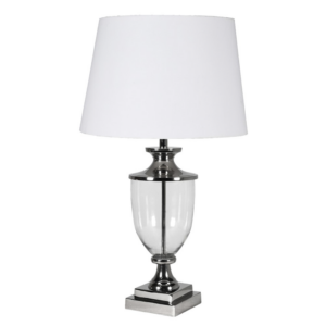 Glass & Silver Temple Table Lamp With Linen Shade Dimensions: H:87 Dia:49 cm.