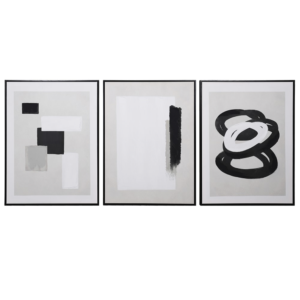 A set of three black white and grey abstract paintings in black framing Measurements: H:100 W:75 mm.