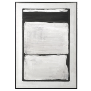Painting in Black White & Grey Squares in black framing Measurements: H:140 W:100 cm.