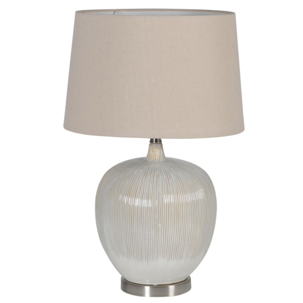 Striped beige toned glossy table lamp with beige linen shade Measurements:H:62 Dia:40 cm.
