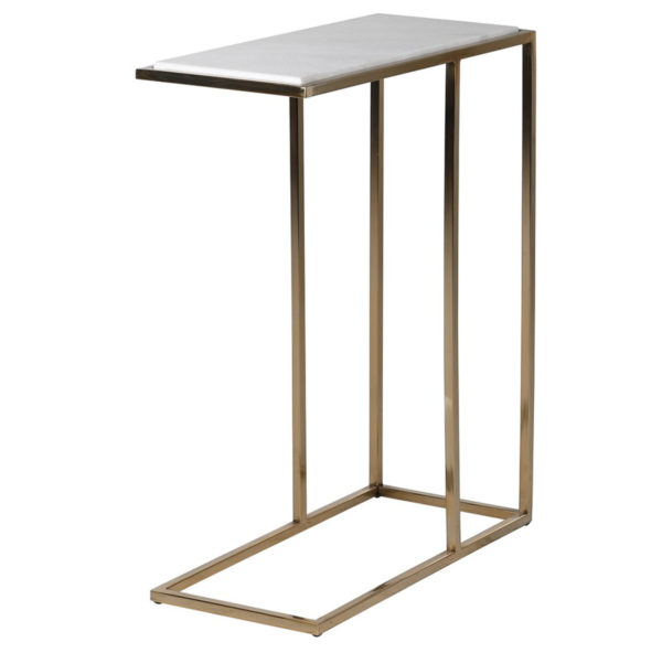 Our small, practical, and incredibly stylish side table is the perfect addition to any space. Designed to function both as a traditional side table and to slide over seating areas, it offers versatile functionality. The table features a stainless steel frame with a brass look and a stunning white marble top. Its elegant design and practical use make it a must-have for any home. Measurements: H:60 W:46 D:22 cm.