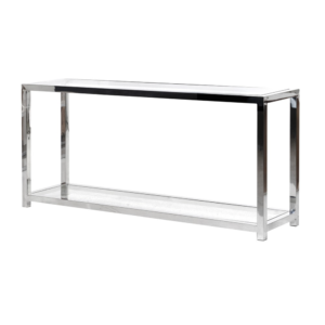 This elegant Chrome Glass Console Table measures H 75.5 cm, L 160 cm, and D 40 cm. It features a refined, minimalist design with a sleek chrome frame and clear glass surfaces. The table includes a lower shelf, providing additional storage or display space while maintaining its clean, open feel. Its simple, sophisticated look adds a touch of modern luxury to any interior, making it a perfect fit for both contemporary and classic settings.