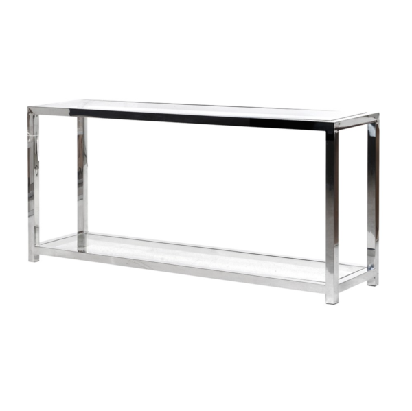 This elegant Chrome Glass Console Table measures H 75.5 cm, L 160 cm, and D 40 cm. It features a refined, minimalist design with a sleek chrome frame and clear glass surfaces. The table includes a lower shelf, providing additional storage or display space while maintaining its clean, open feel. Its simple, sophisticated look adds a touch of modern luxury to any interior, making it a perfect fit for both contemporary and classic settings.