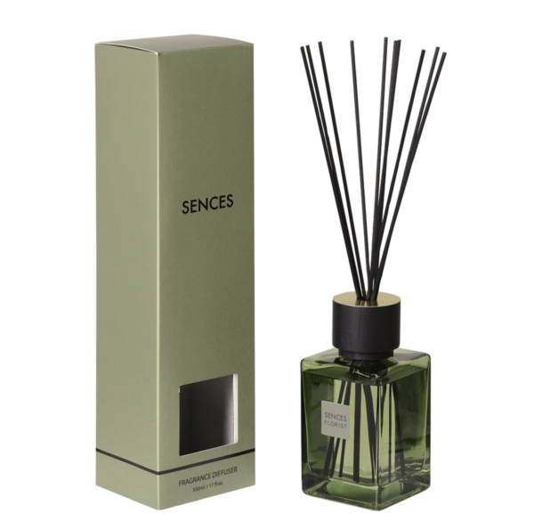 Our popular Large Flower Diffuser comes in a stunning mellow green glass container. It offers a vast and delicious variety of essences from the vibrancy of a flower shop. Like the freshness of the eucalyptus and the delicacy of jasmin and roses creating an inviting aroma that energizes while bringing a sense of delightfulness to any space. Measuring H 17 cm (with sticks 38,5 cm) and D 8 cm, this generously sized diffuser offers an impressive longevity, ensuring you can enjoy its captivating scent for hours on end. Perfect for creating a warm and inviting atmosphere in any space. For optimal performance, it is recommended to flip the reeds regularly to refresh the fragrance and ensure an even scent distribution.For optimal performance, it is recommended to flip the reeds regularly to refresh the fragrance and ensure an even scent distribution.